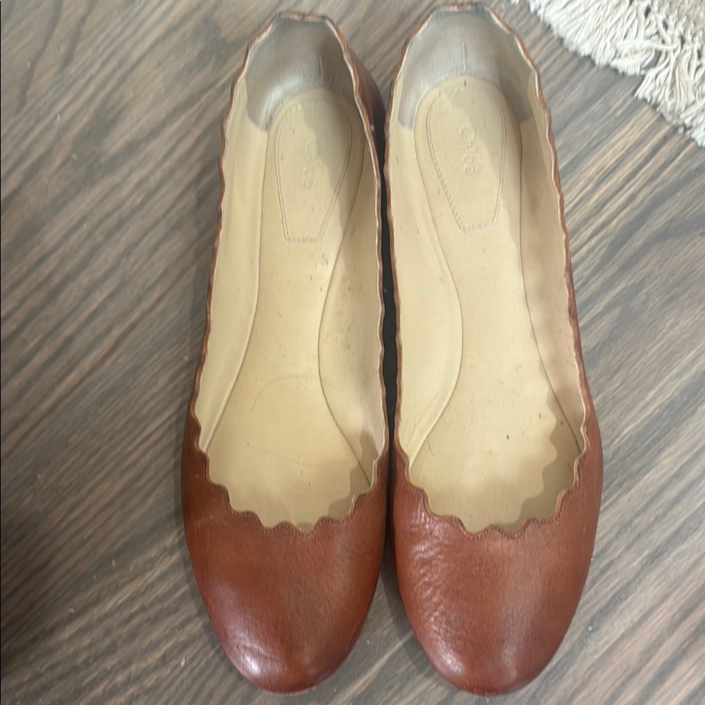 Chloe Brown Leather Scalloped Flats